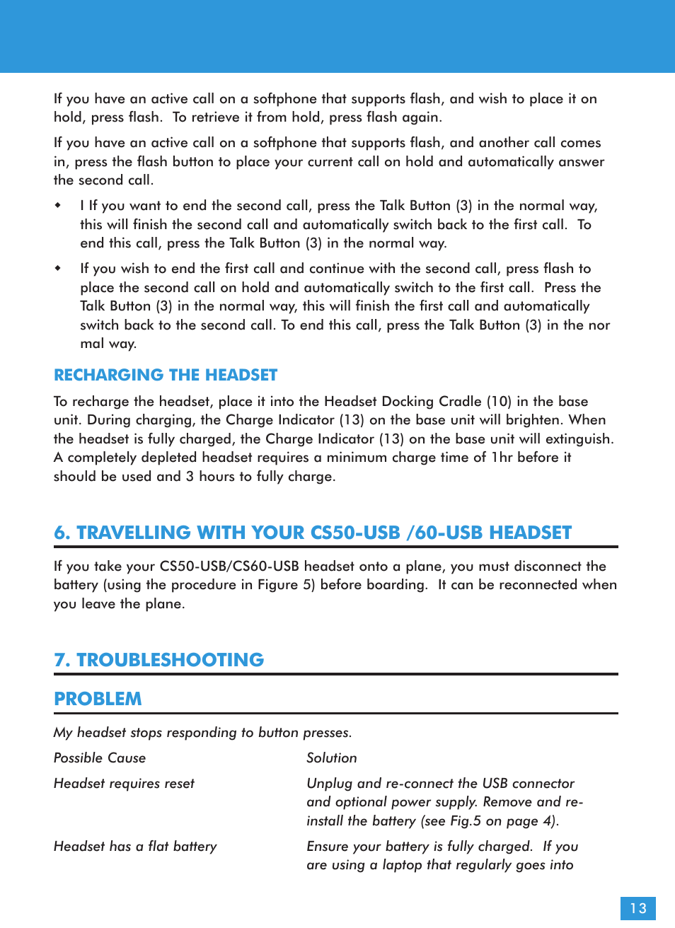 Travelling with your cs50-usb /60-usb headset, Troubleshooting problem | Plantronics CS60 User Manual | Page 14 / 21