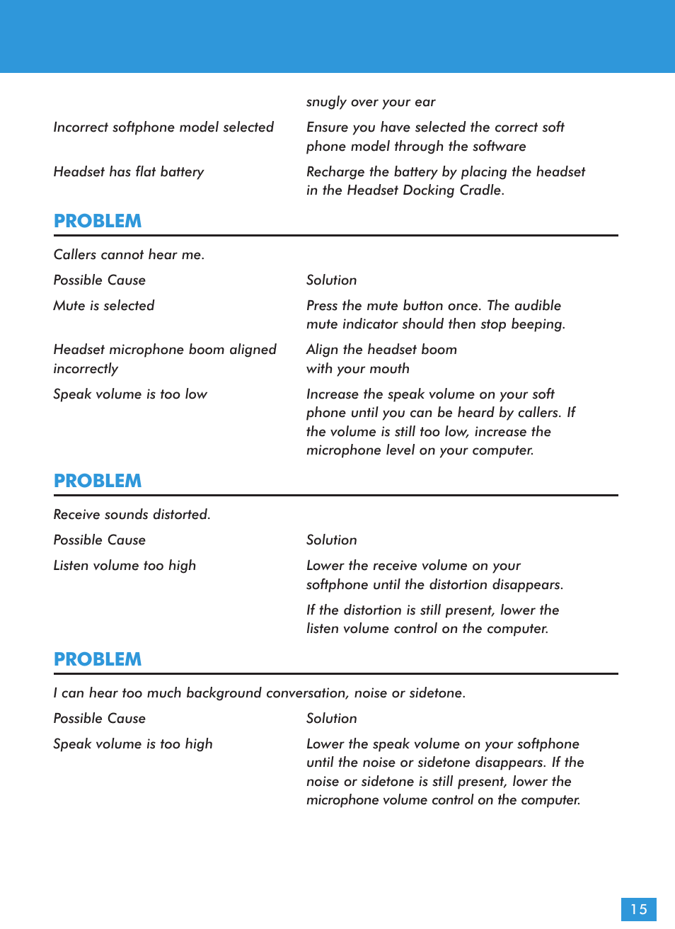 Problem | Plantronics CS60 User Manual | Page 16 / 21