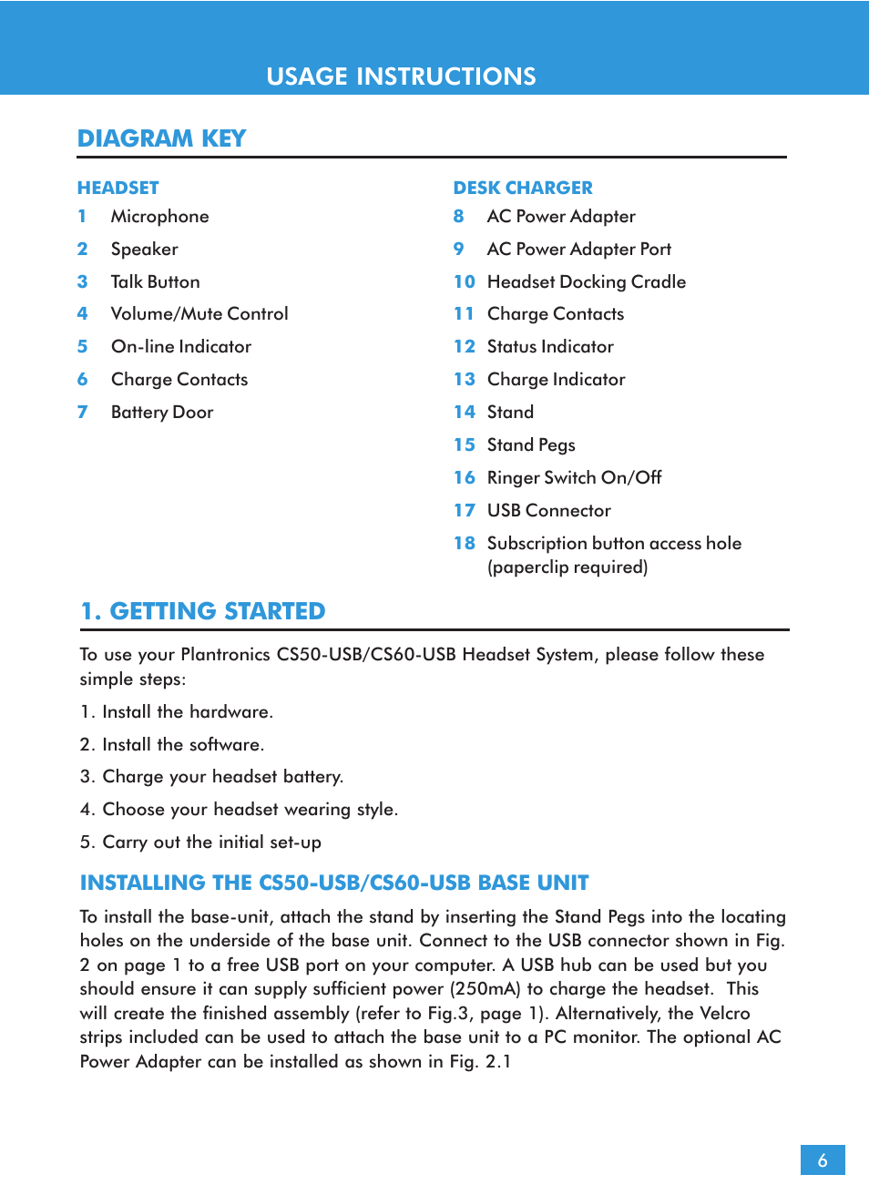 Usage instructions, Diagram key, Getting started | Plantronics CS60 User Manual | Page 7 / 21