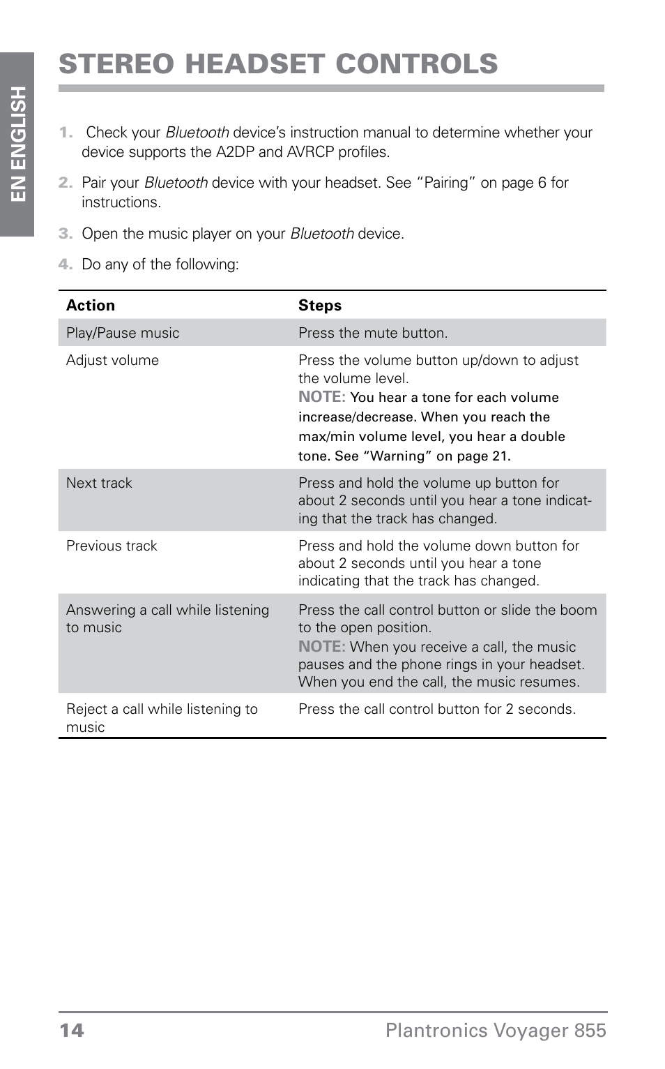 Stereo headset controls | Plantronics VOYAGER855 User Manual | Page 14 / 44