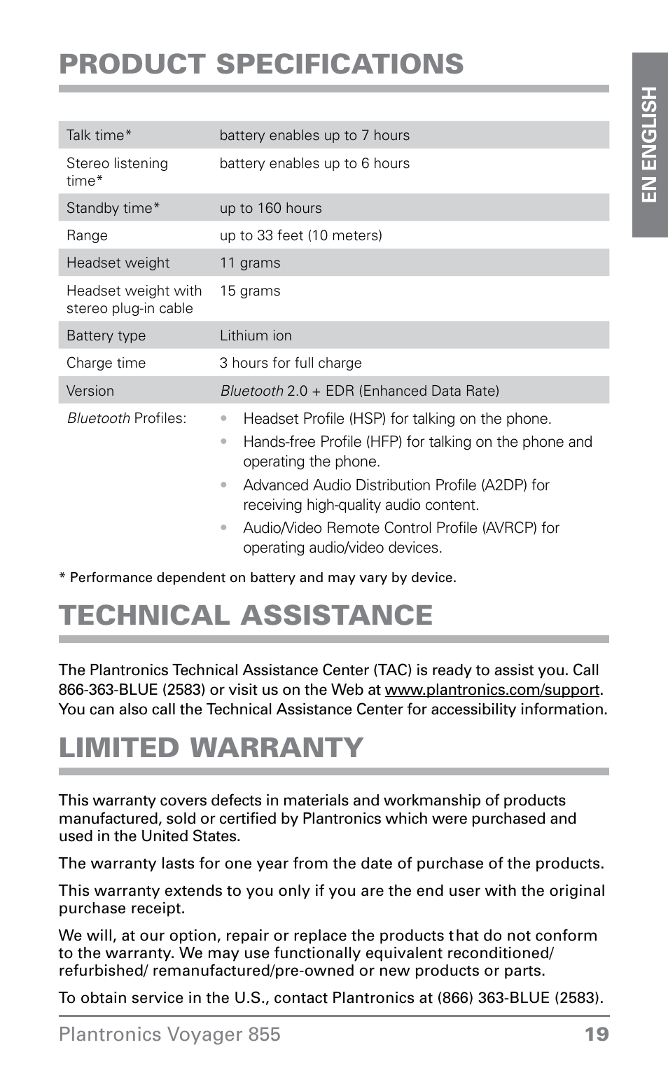 Product specifications, Technical assistance, Limited warranty | Plantronics VOYAGER855 User Manual | Page 19 / 44