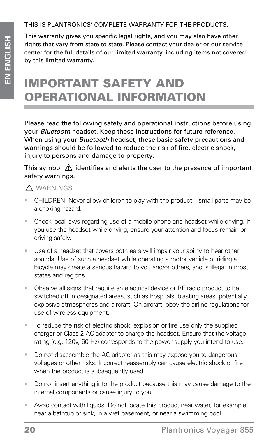 Important safety and operational information | Plantronics VOYAGER855 User Manual | Page 20 / 44