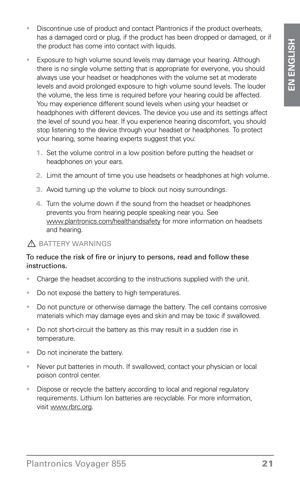 Plantronics VOYAGER855 User Manual | Page 21 / 44