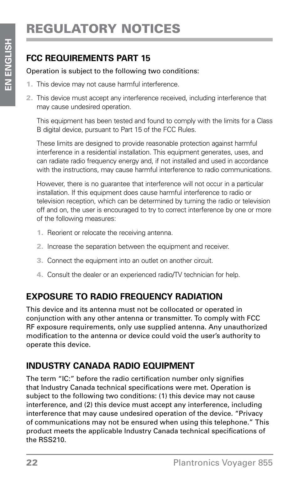 Regulatory notices | Plantronics VOYAGER855 User Manual | Page 22 / 44