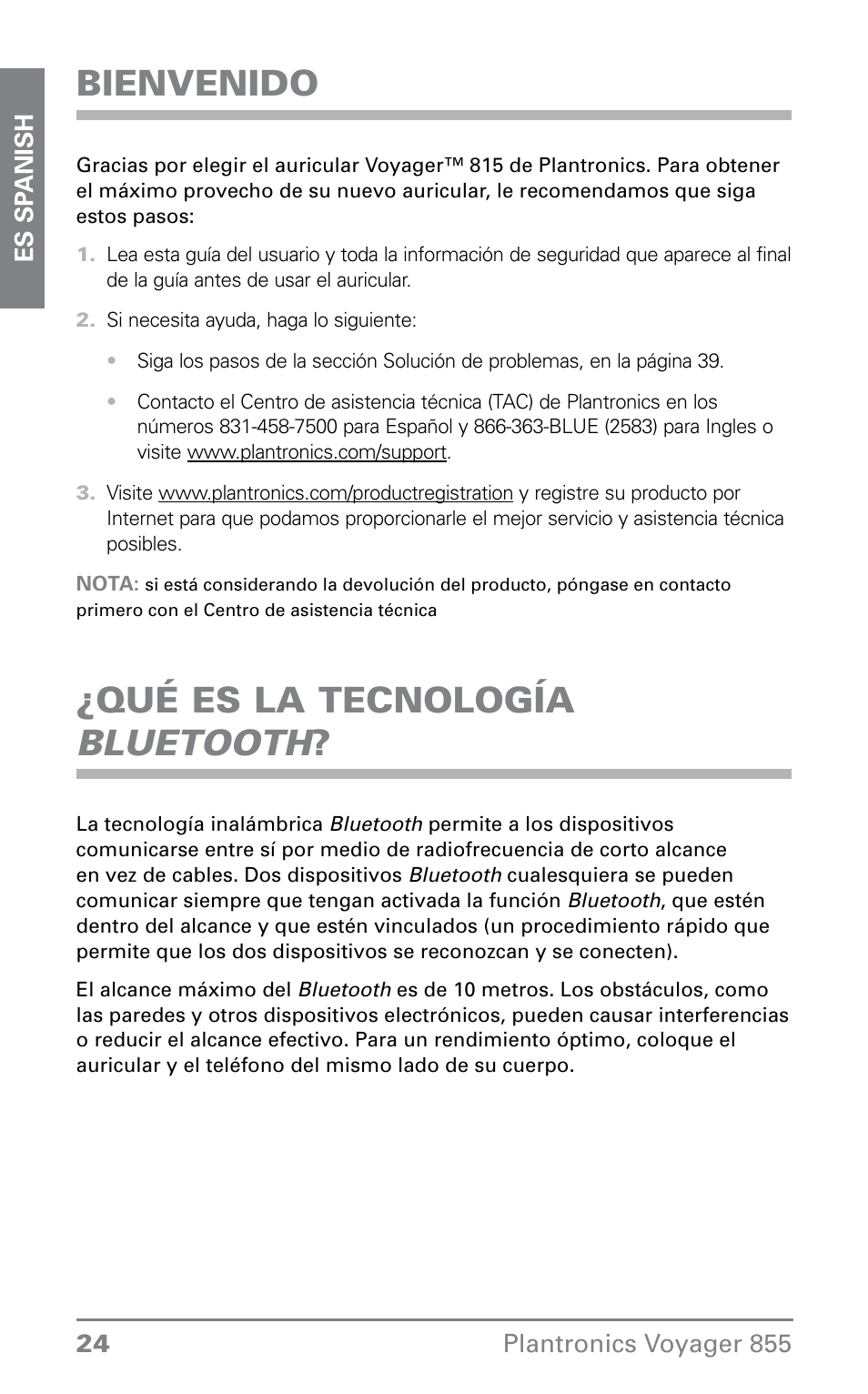 Bienvenido, Qué es la tecnología bluetooth | Plantronics VOYAGER855 User Manual | Page 24 / 44