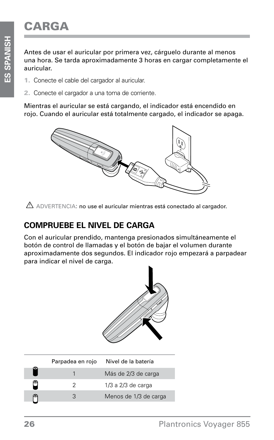 Carga, Compruebe el nivel de carga | Plantronics VOYAGER855 User Manual | Page 26 / 44