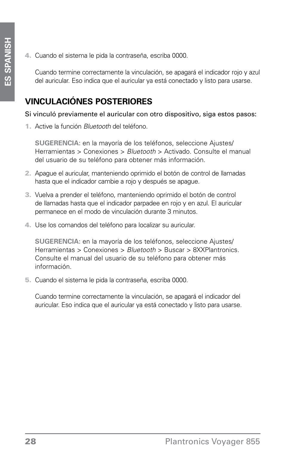 Vinculaciónes posteriores | Plantronics VOYAGER855 User Manual | Page 28 / 44