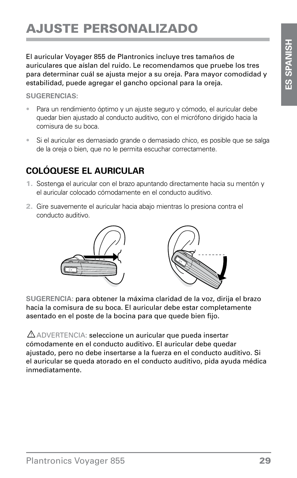 Ajuste personalizado | Plantronics VOYAGER855 User Manual | Page 29 / 44