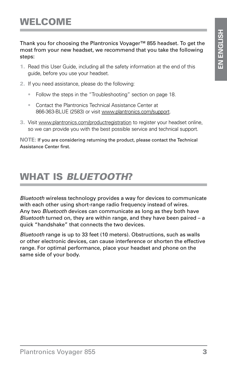 Welcome, What is bluetooth | Plantronics VOYAGER855 User Manual | Page 3 / 44