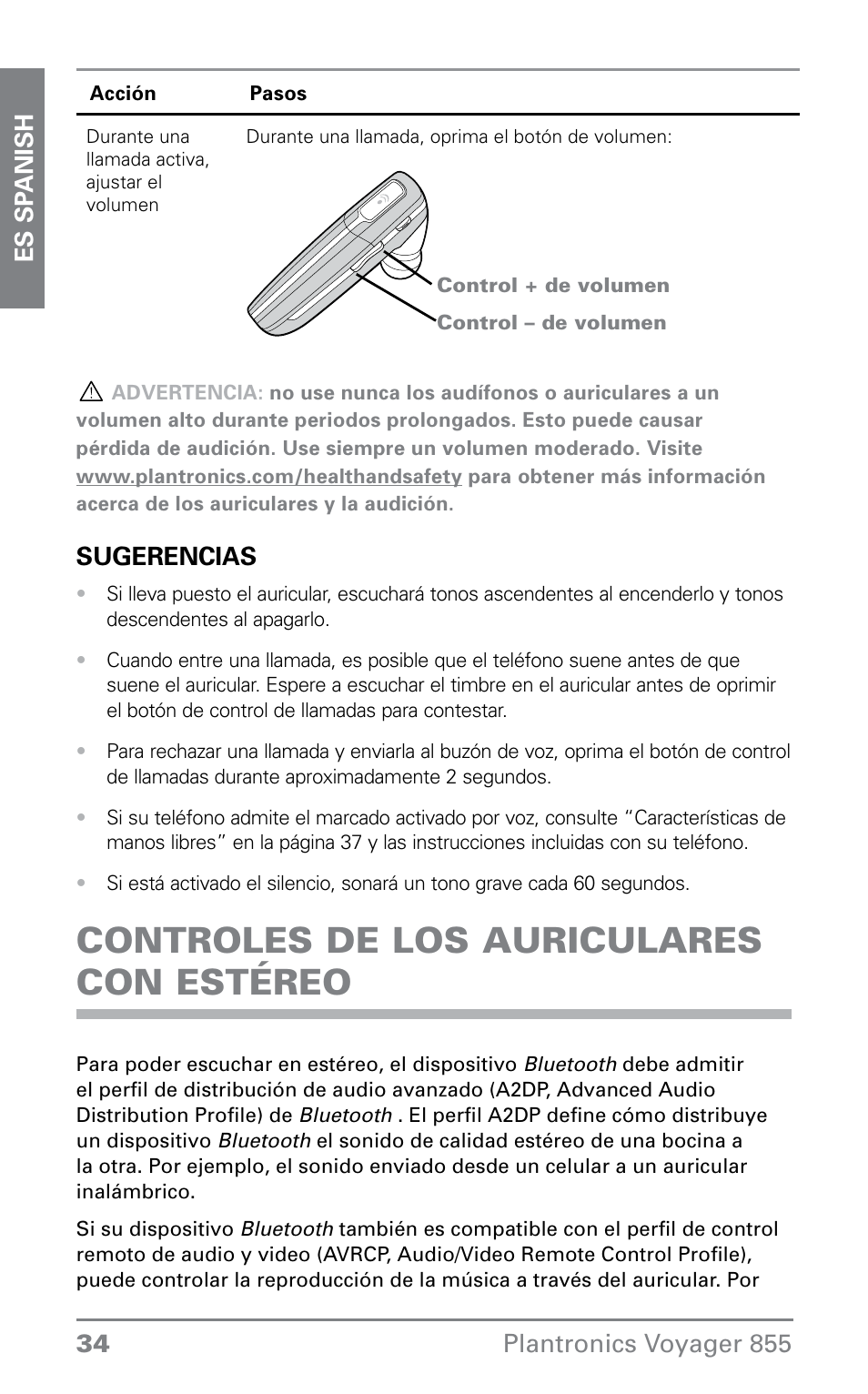 Controles de los auriculares con estéreo | Plantronics VOYAGER855 User Manual | Page 34 / 44