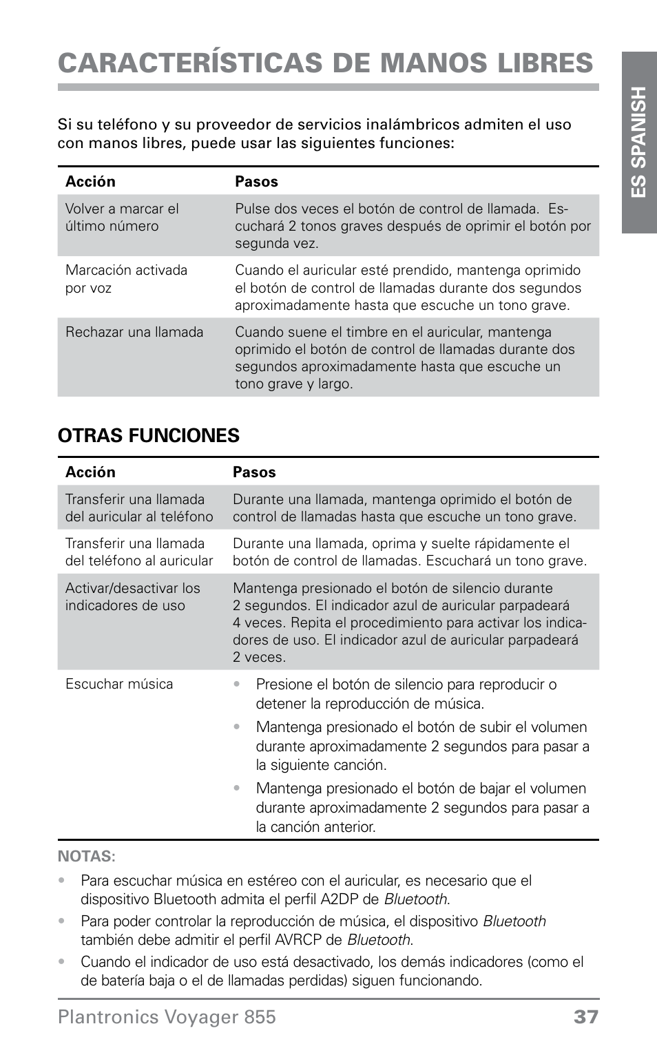 Características de manos libres, Otras funciones | Plantronics VOYAGER855 User Manual | Page 37 / 44