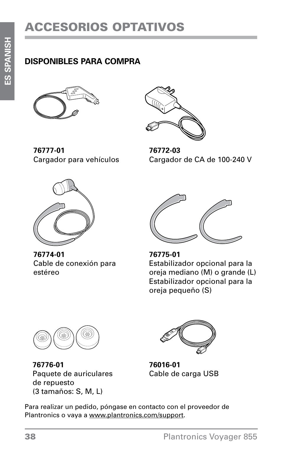 Accesorios optativos | Plantronics VOYAGER855 User Manual | Page 38 / 44
