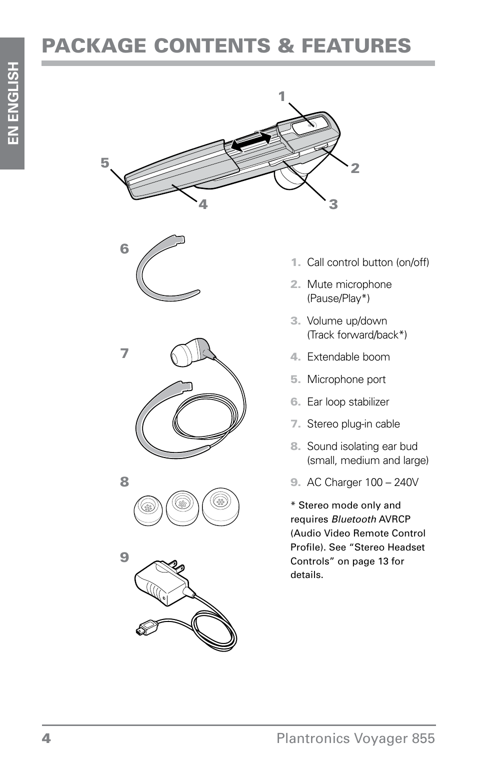 Package contents & features | Plantronics VOYAGER855 User Manual | Page 4 / 44