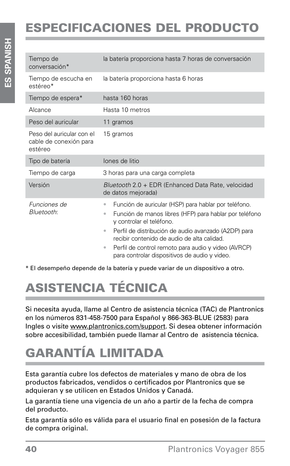 Especificaciones del producto, Asistencia técnica, Garantía limitada | Plantronics VOYAGER855 User Manual | Page 40 / 44