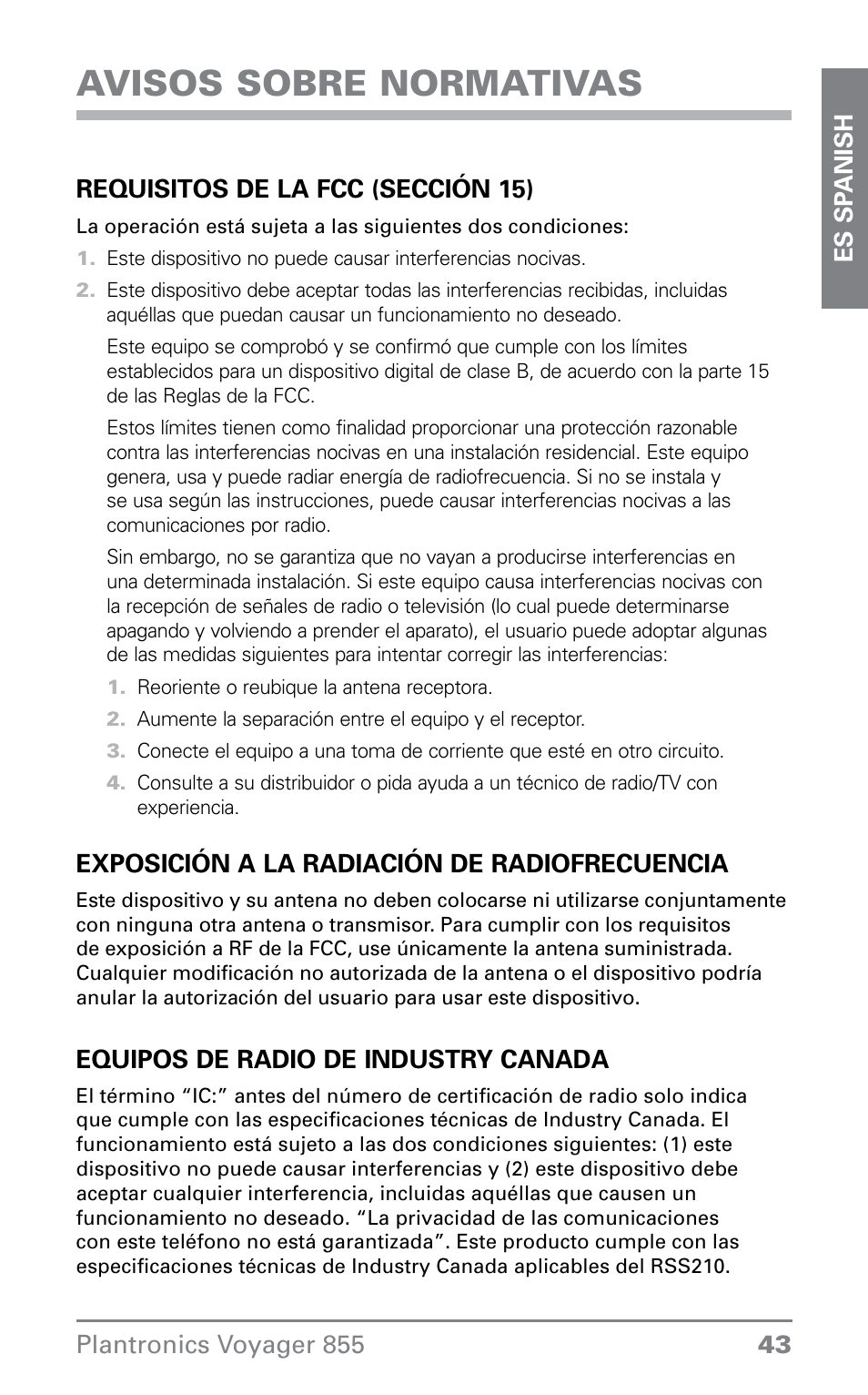 Avisos sobre normativas | Plantronics VOYAGER855 User Manual | Page 43 / 44