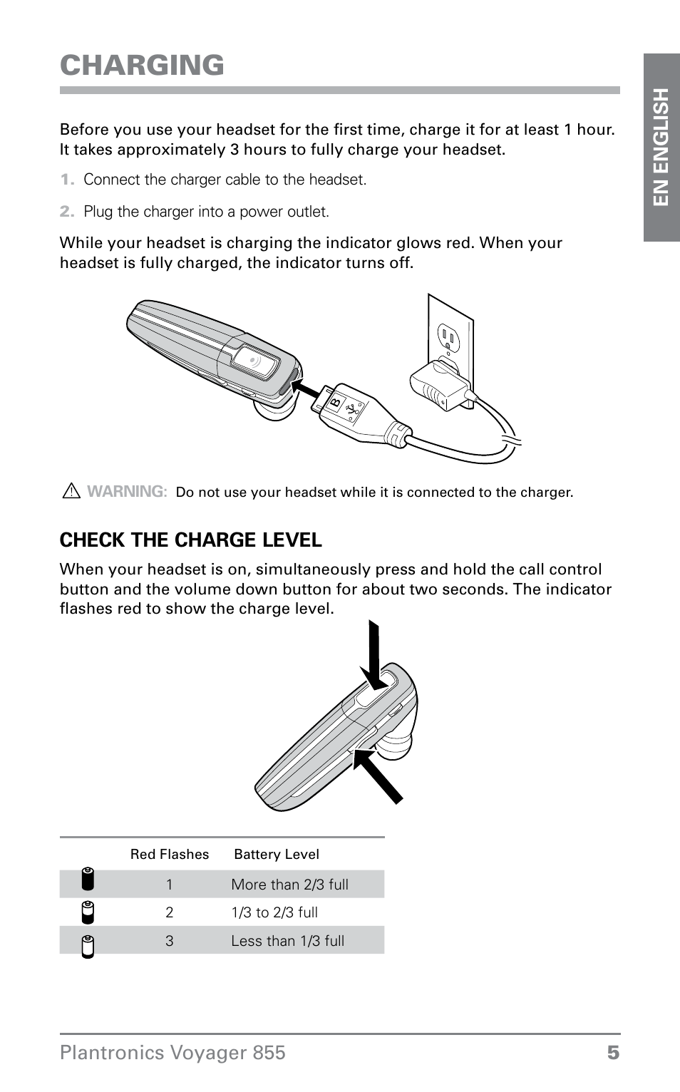 Charging, 5plantronics voyager 855 en english, Check the charge level | Plantronics VOYAGER855 User Manual | Page 5 / 44
