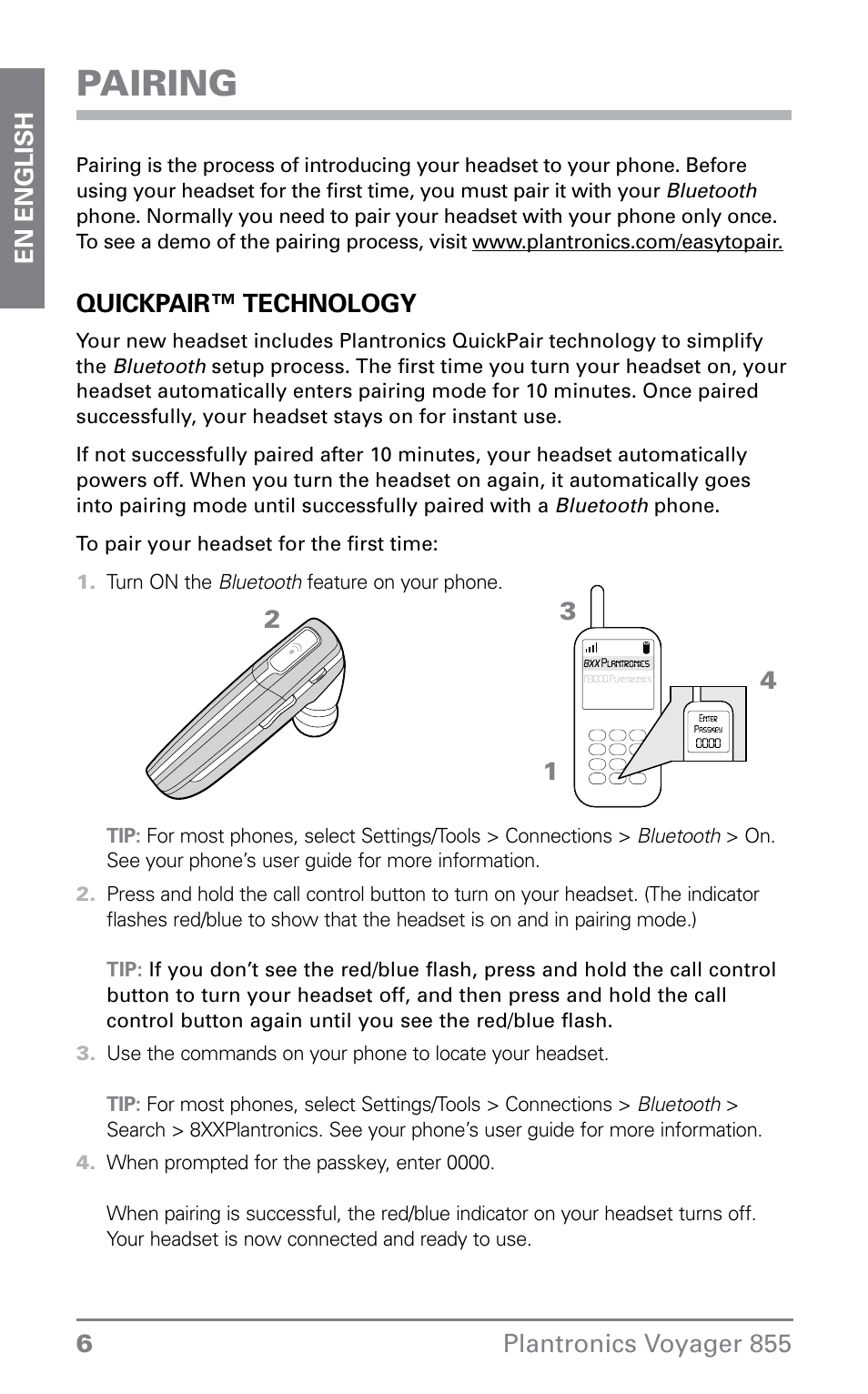 Pairing | Plantronics VOYAGER855 User Manual | Page 6 / 44