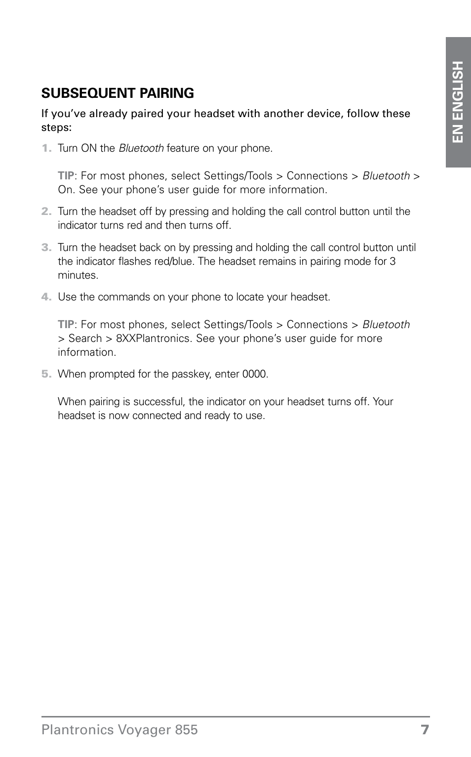 Plantronics VOYAGER855 User Manual | Page 7 / 44