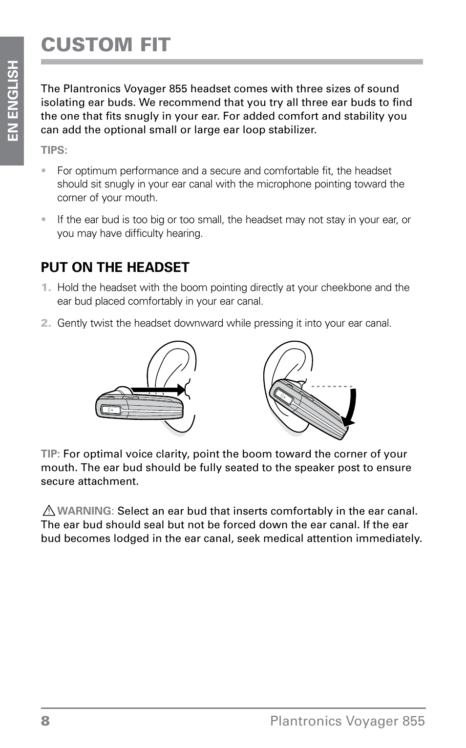 Custom fit | Plantronics VOYAGER855 User Manual | Page 8 / 44