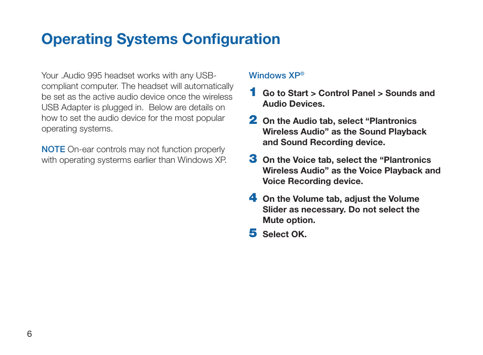 Operating systerms configuration, Operating systems configuration | Plantronics 995 User Manual | Page 10 / 19
