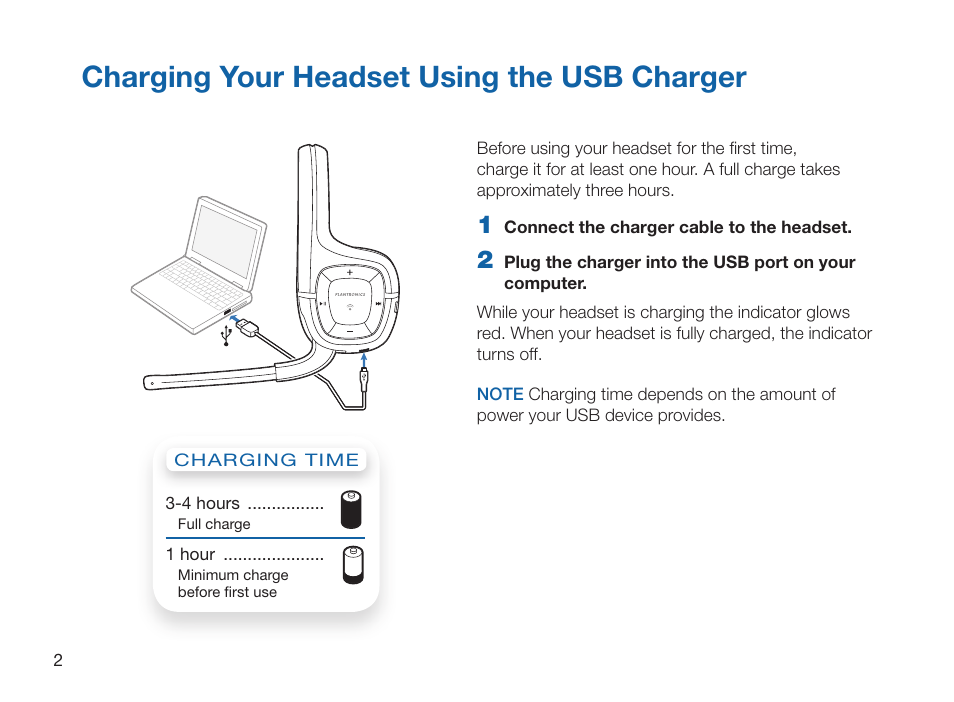 Charging your headset using the usb charger | Plantronics 995 User Manual | Page 6 / 19