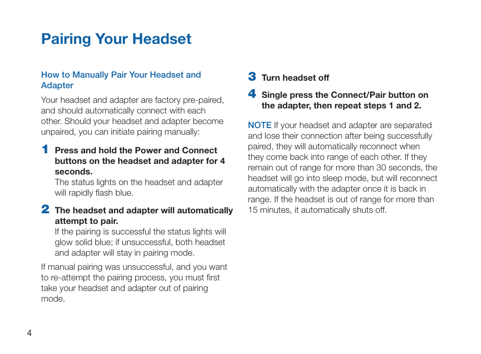 How to manually pair your headset and adapter, Pairing your headset | Plantronics 995 User Manual | Page 8 / 19