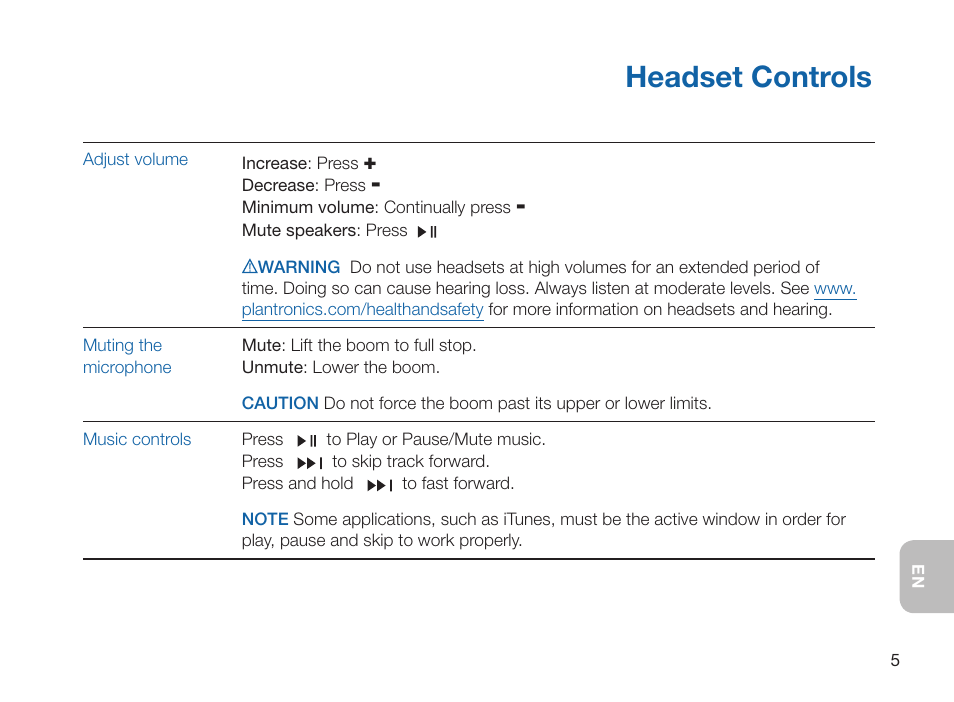 Headset contr, Headset controls | Plantronics 995 User Manual | Page 9 / 19
