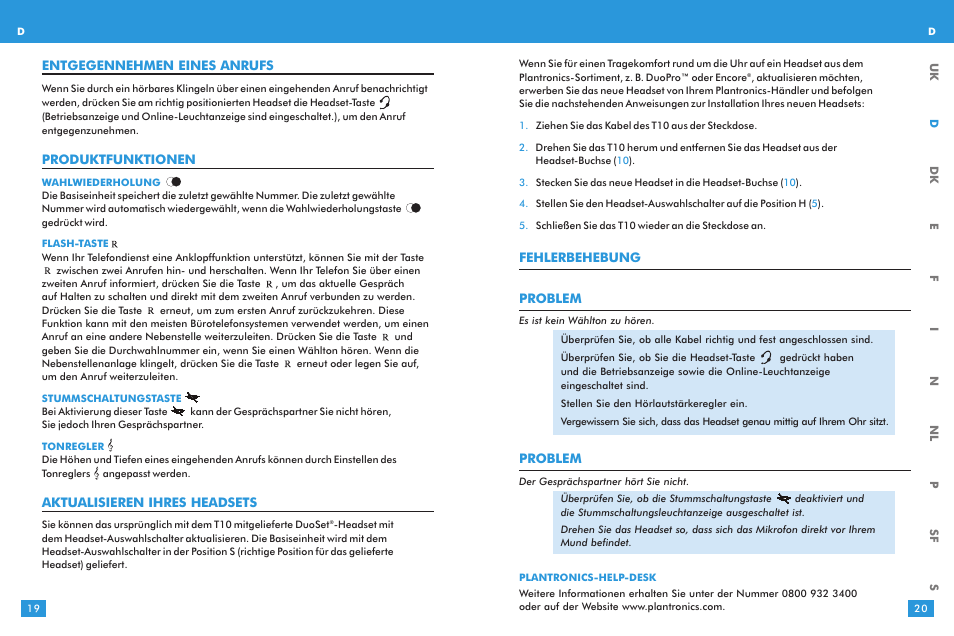 Fehlerbehebung problem, Problem, Entgegennehmen eines anrufs | Produktfunktionen, Aktualisieren ihres headsets | Plantronics T10 User Manual | Page 10 / 47