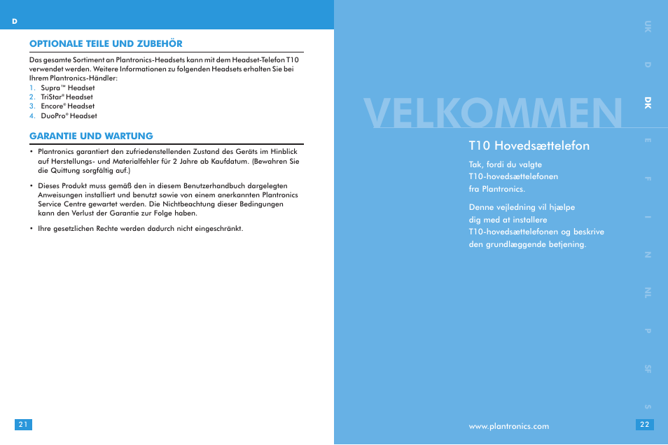 Velkommen, T10 hovedsættelefon | Plantronics T10 User Manual | Page 11 / 47