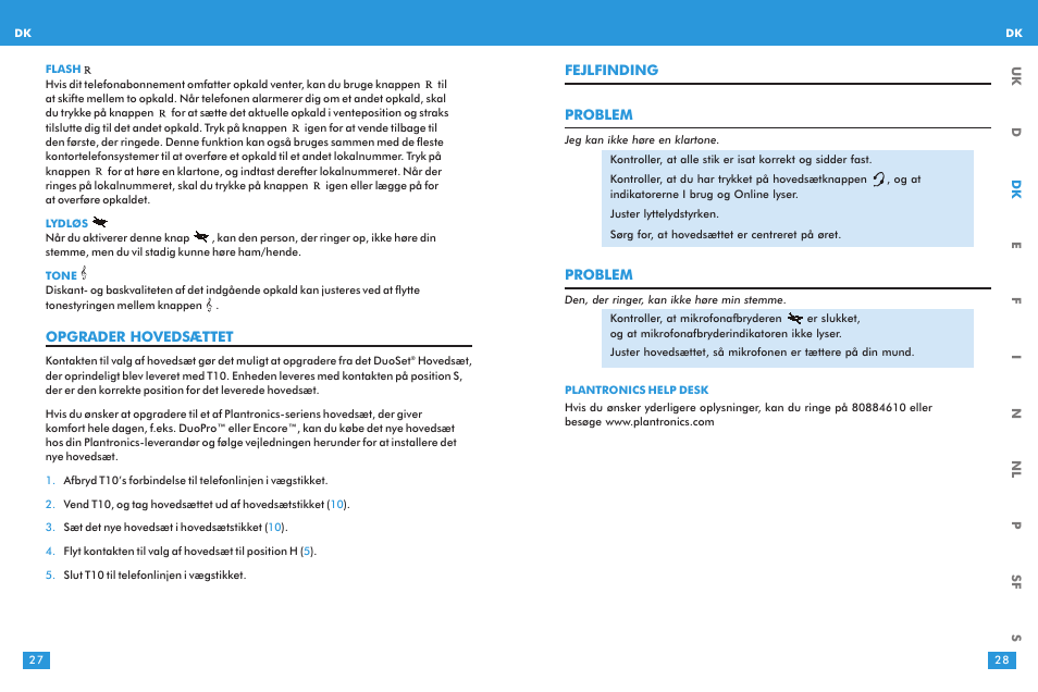 Fejlfinding problem, Problem, Opgrader hovedsættet | Plantronics T10 User Manual | Page 14 / 47