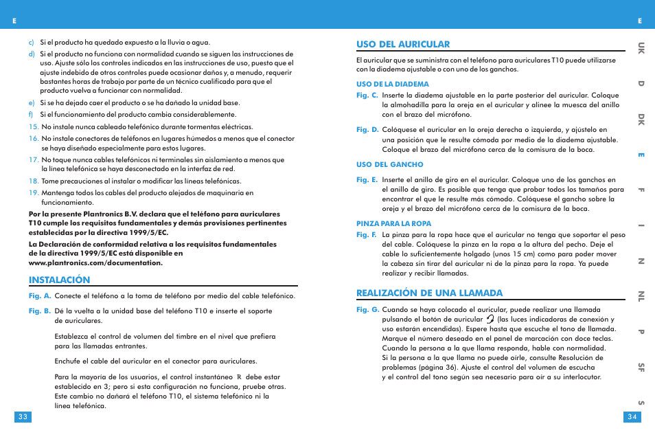 Uso del auricular, Realización de una llamada, Instalación | Plantronics T10 User Manual | Page 17 / 47