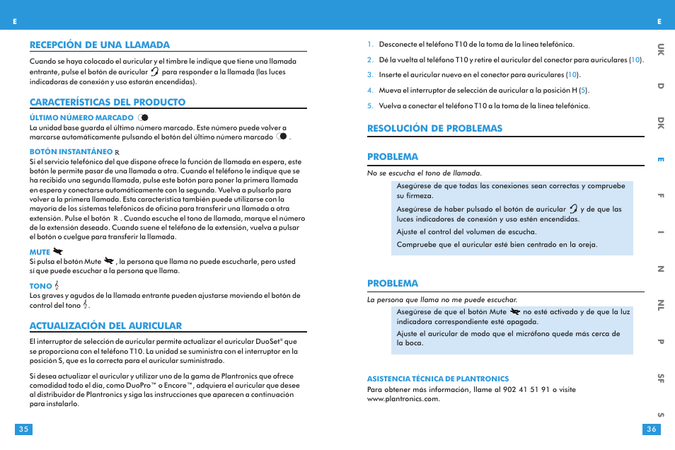 Resolución de problemas problema, Problema, Recepción de una llamada | Características del producto, Actualización del auricular | Plantronics T10 User Manual | Page 18 / 47