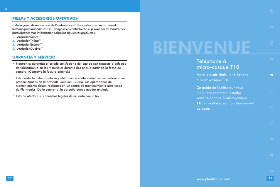 Bienvenue, Téléphone à micro-casque t10 | Plantronics T10 User Manual | Page 19 / 47