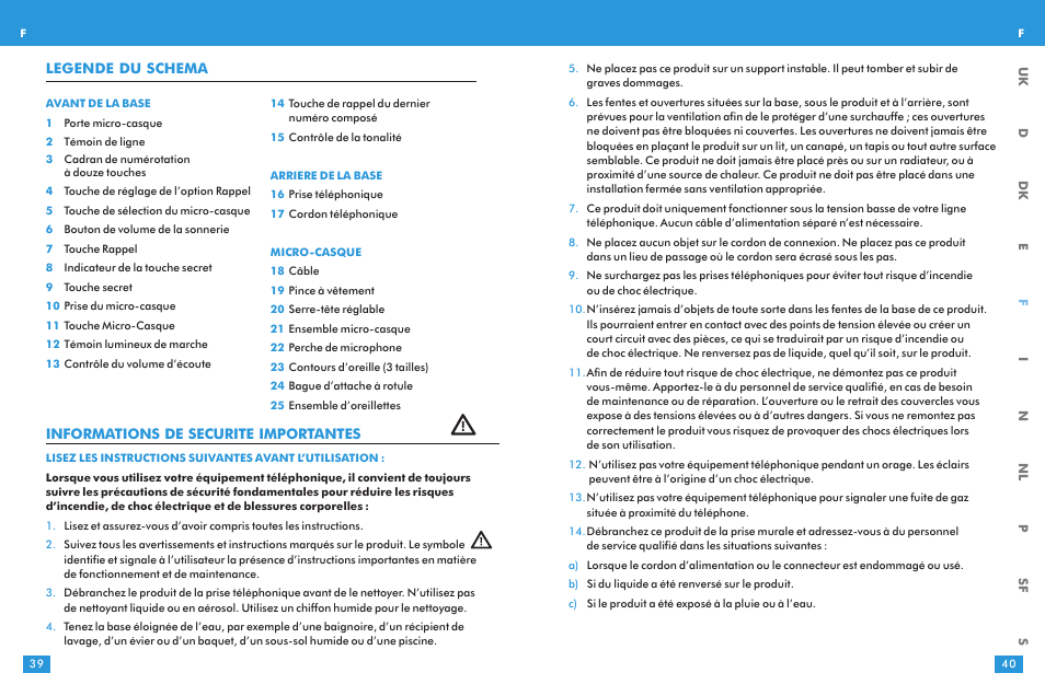 Informations de securite importantes, Legende du schema | Plantronics T10 User Manual | Page 20 / 47