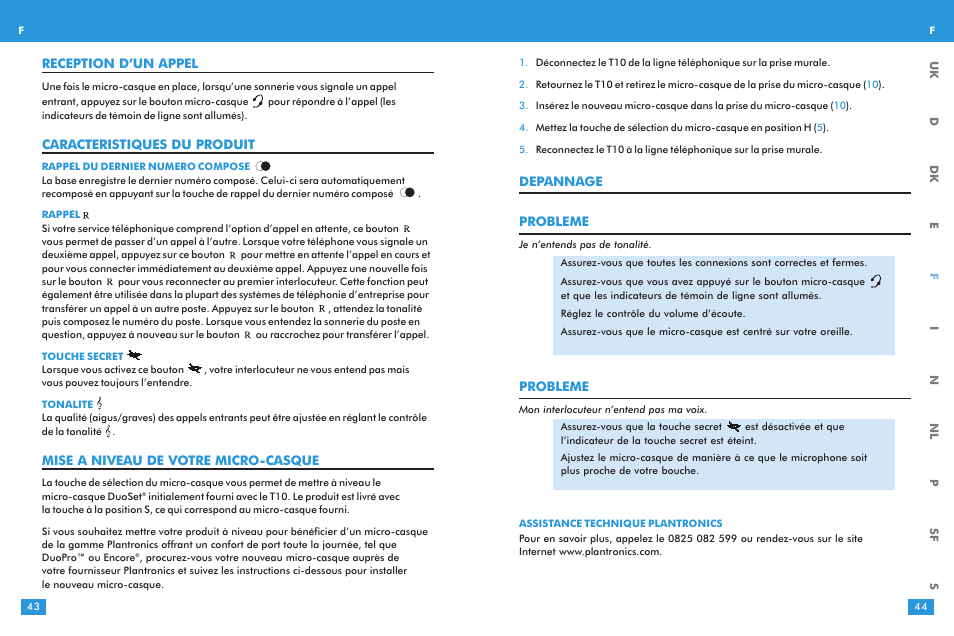 Depannage probleme, Probleme, Reception d’un appel | Caracteristiques du produit, Mise a niveau de votre micro-casque | Plantronics T10 User Manual | Page 22 / 47