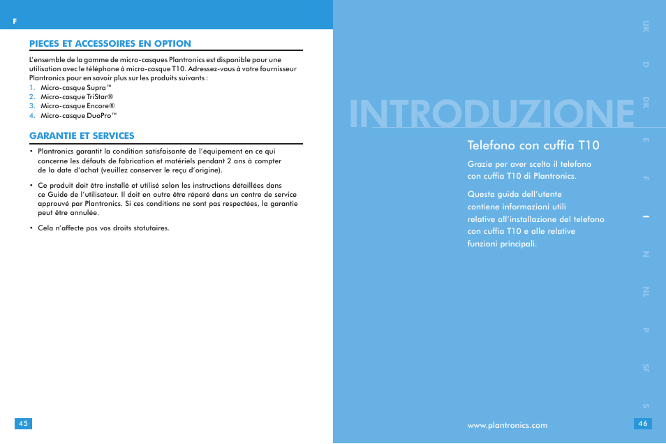 Introduzione, Telefono con cuffia t10 | Plantronics T10 User Manual | Page 23 / 47