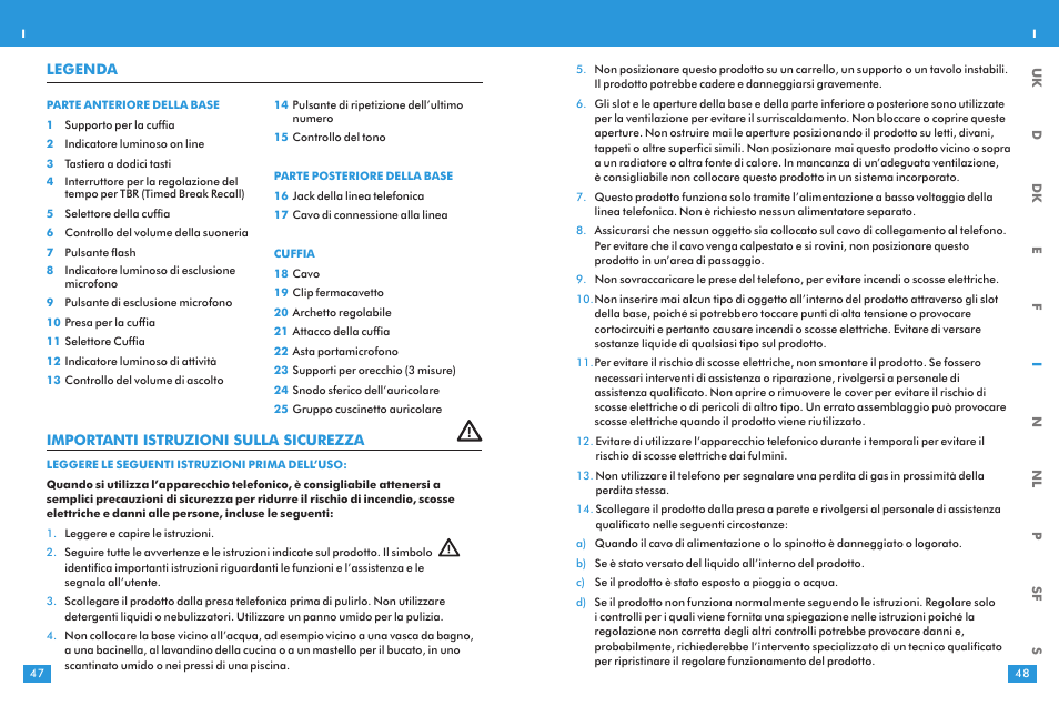 Importanti istruzioni sulla sicurezza, Legenda | Plantronics T10 User Manual | Page 24 / 47