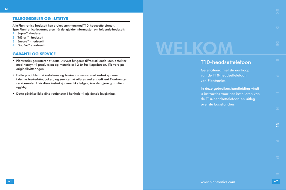 Welkom, T10-headsettelefoon | Plantronics T10 User Manual | Page 31 / 47