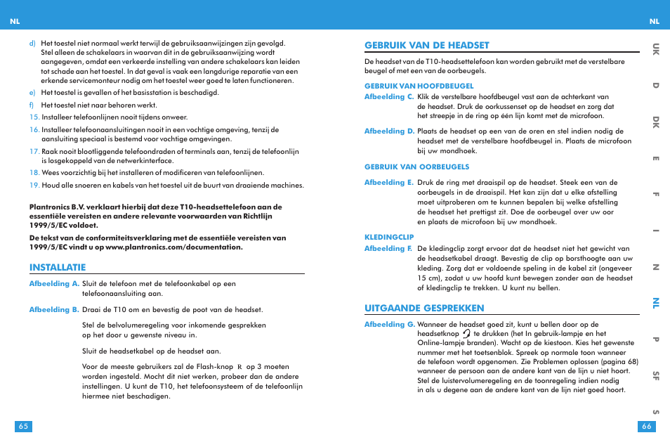 Gebruik van de headset, Uitgaande gesprekken, Installatie | Plantronics T10 User Manual | Page 33 / 47