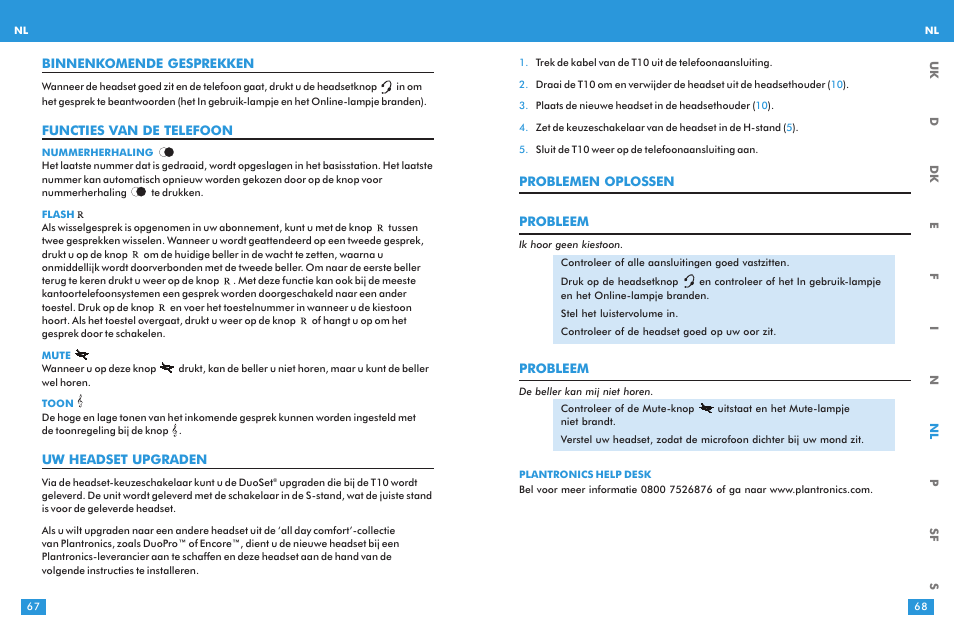 Problemen oplossen probleem, Probleem, Binnenkomende gesprekken | Functies van de telefoon, Uw headset upgraden | Plantronics T10 User Manual | Page 34 / 47