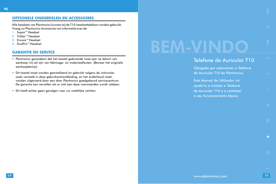 Bem-vindo, Telefone de auricular t10 | Plantronics T10 User Manual | Page 35 / 47