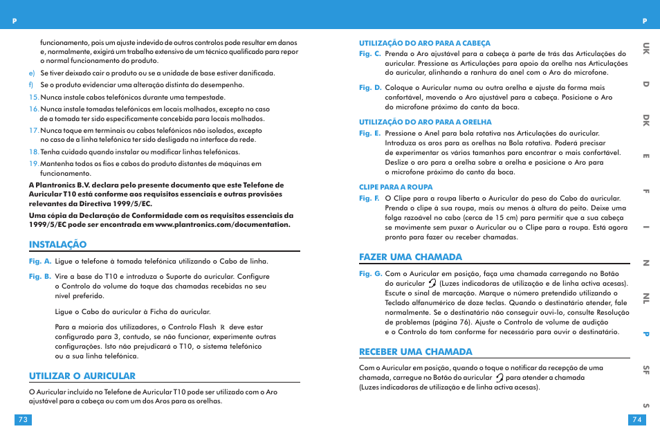 Fazer uma chamada, Receber uma chamada, Instalação | Utilizar o auricular | Plantronics T10 User Manual | Page 37 / 47