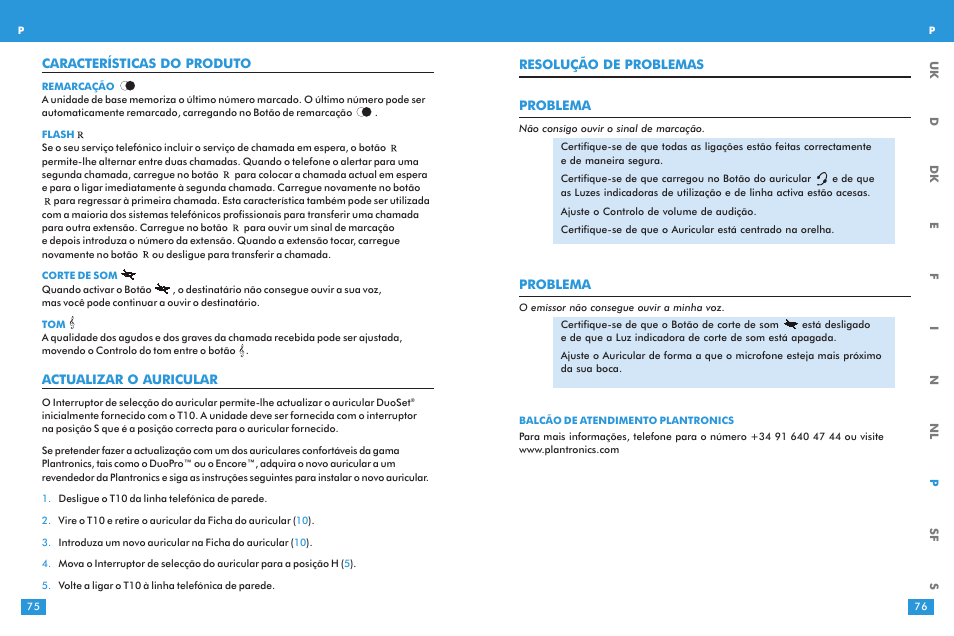 Resolução de problemas problema, Problema, Características do produto | Actualizar o auricular | Plantronics T10 User Manual | Page 38 / 47