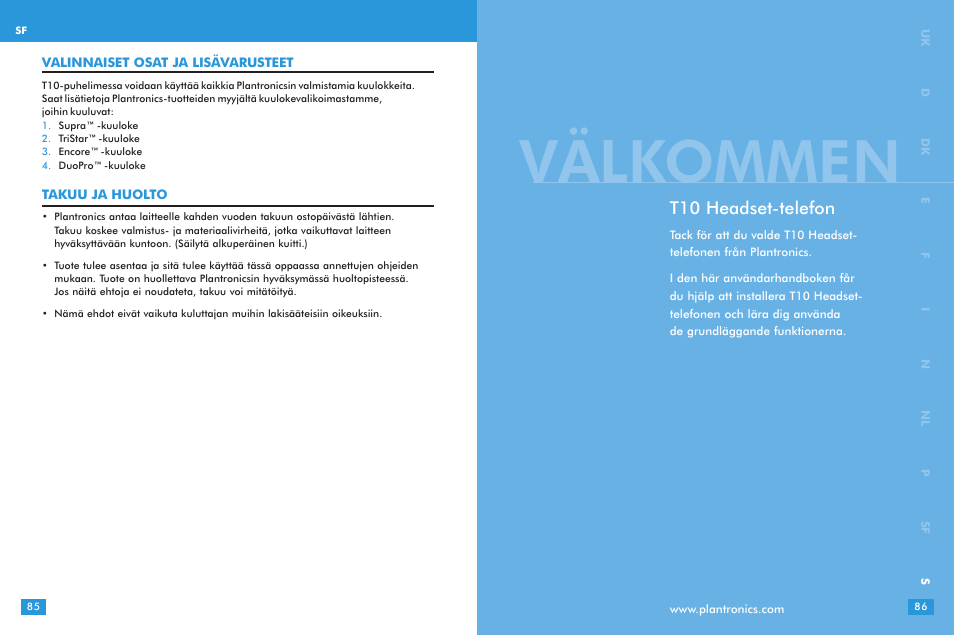 Välkommen, T10 headset-telefon | Plantronics T10 User Manual | Page 43 / 47