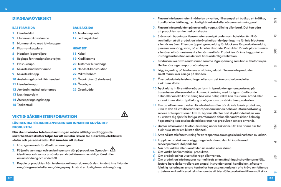 Viktig säkerhetsinformation, Diagramöversikt | Plantronics T10 User Manual | Page 44 / 47