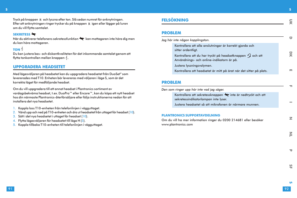 Felsökning problem, Problem, Uppgradera headsetet | Plantronics T10 User Manual | Page 46 / 47