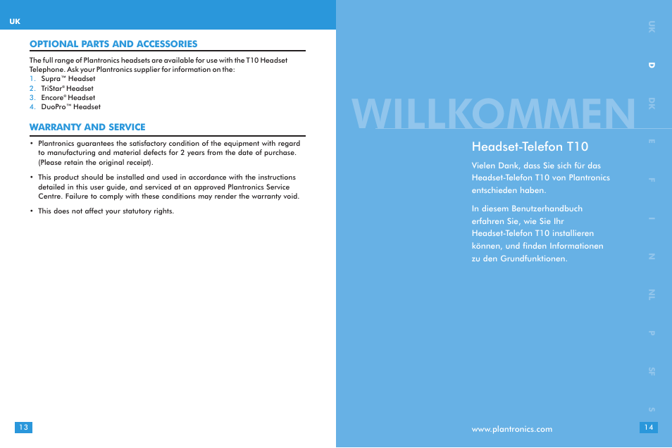 Willkommen, Headset-telefon t10 | Plantronics T10 User Manual | Page 7 / 47