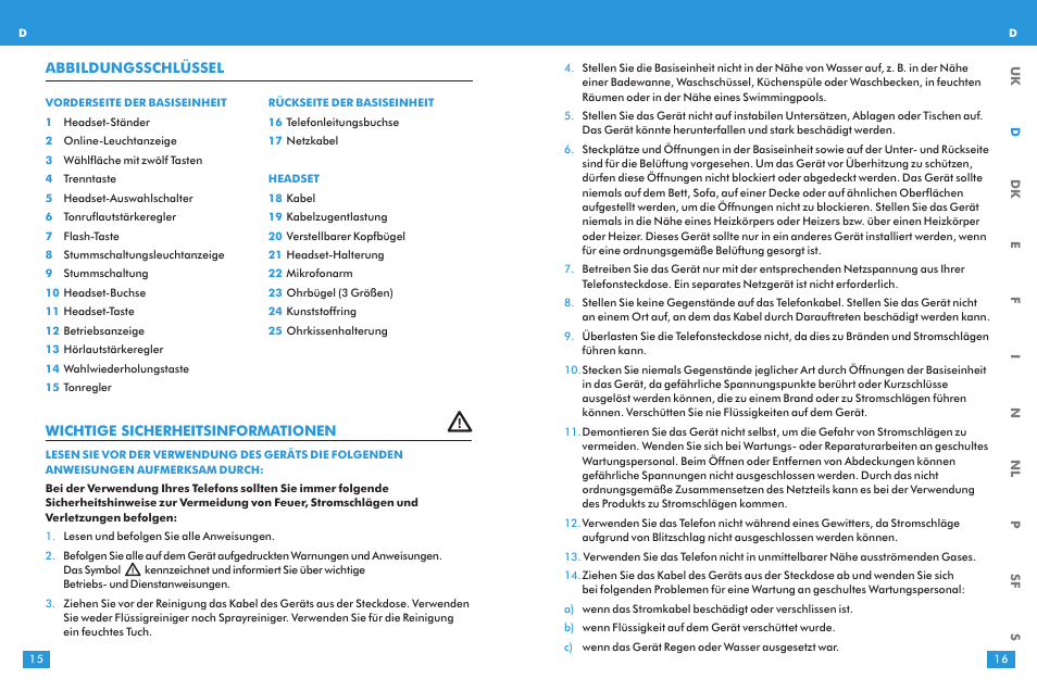 Wichtige sicherheitsinformationen, Abbildungsschlüssel | Plantronics T10 User Manual | Page 8 / 47