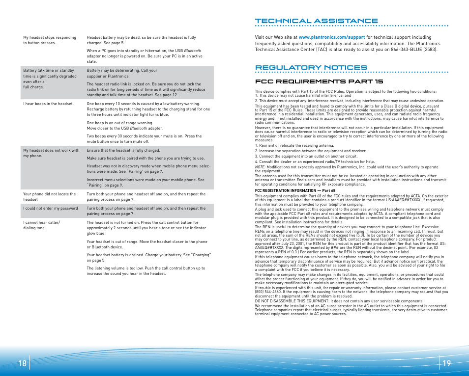 Regulatory notices technical assistance | Plantronics 920 User Manual | Page 10 / 11