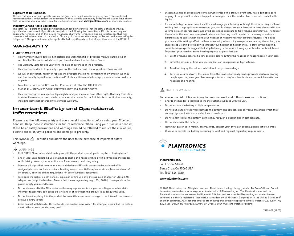 Warranty, Important safety and operational information | Plantronics 920 User Manual | Page 11 / 11